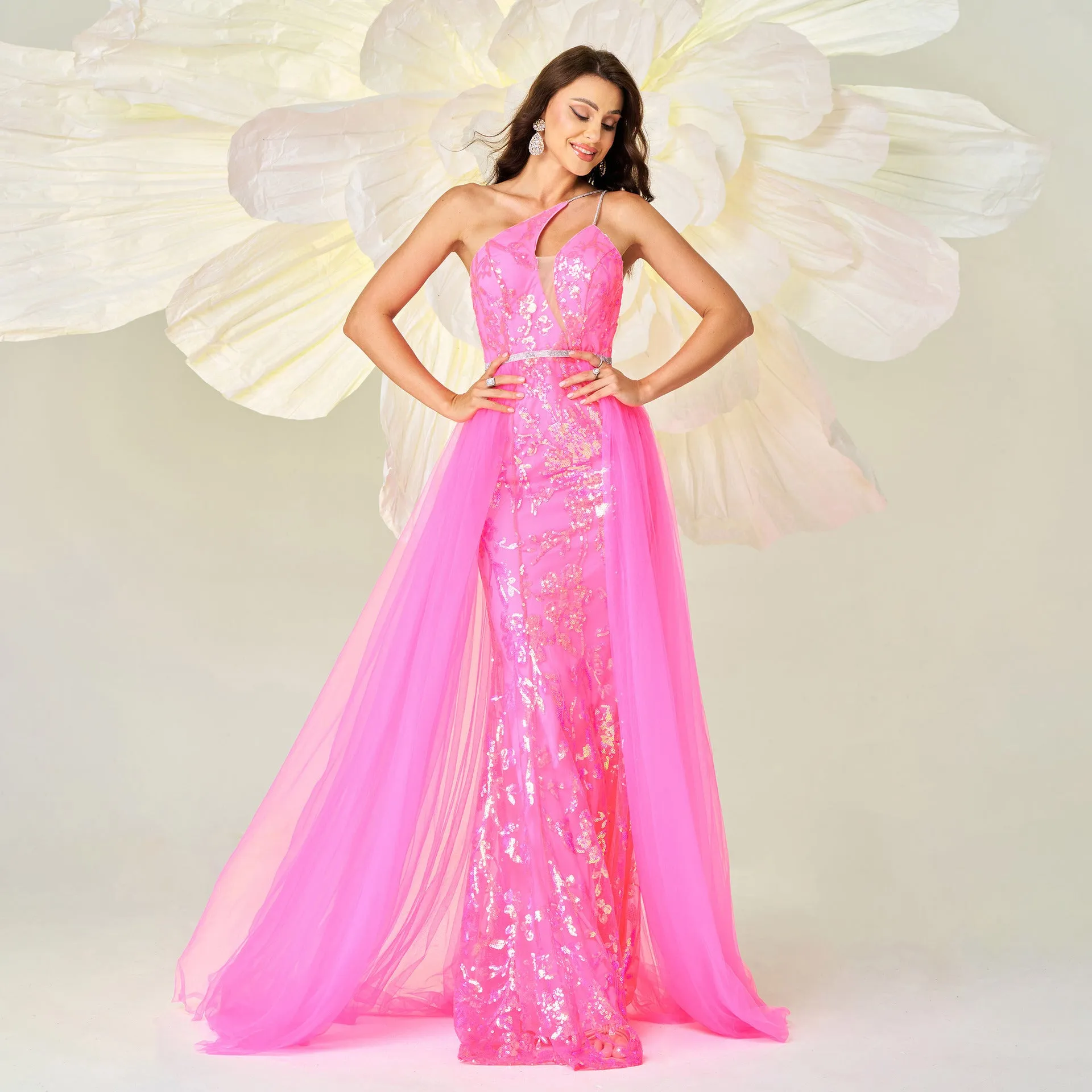 Sexy One Shoulder Sequin Gauze Cocktail Evening Dress