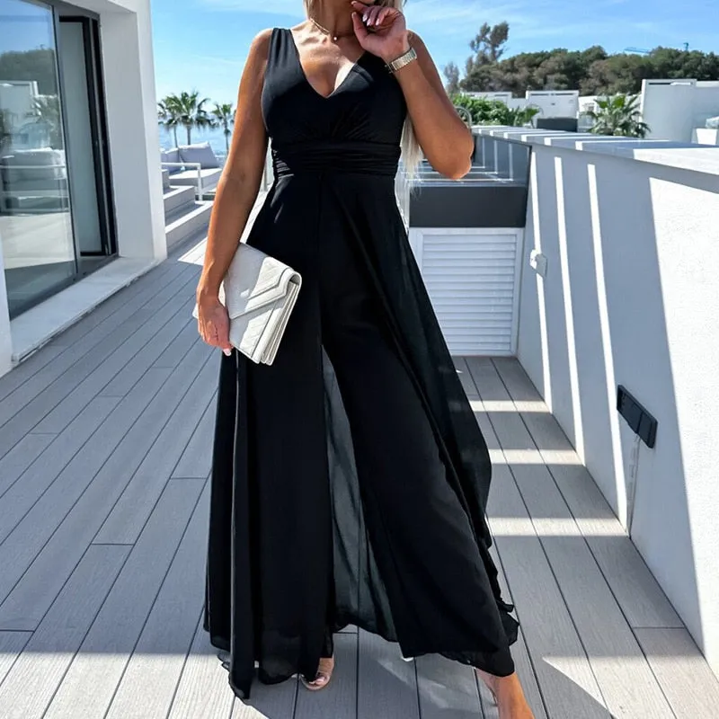 Shawl High Waist Deep V-neck Sleeveless Romper