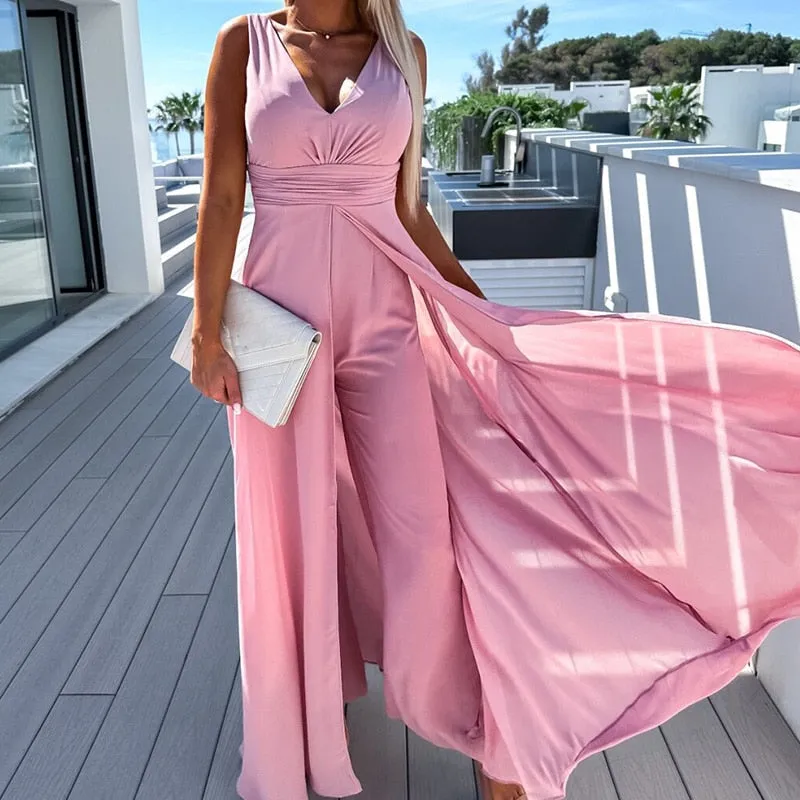 Shawl High Waist Deep V-neck Sleeveless Romper