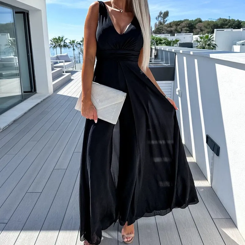 Shawl High Waist Deep V-neck Sleeveless Romper