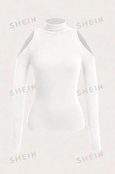 Shein Cut-Out Shoulder Leopard Print English Letter Graphic Tight High Neck T-Shirt, L /