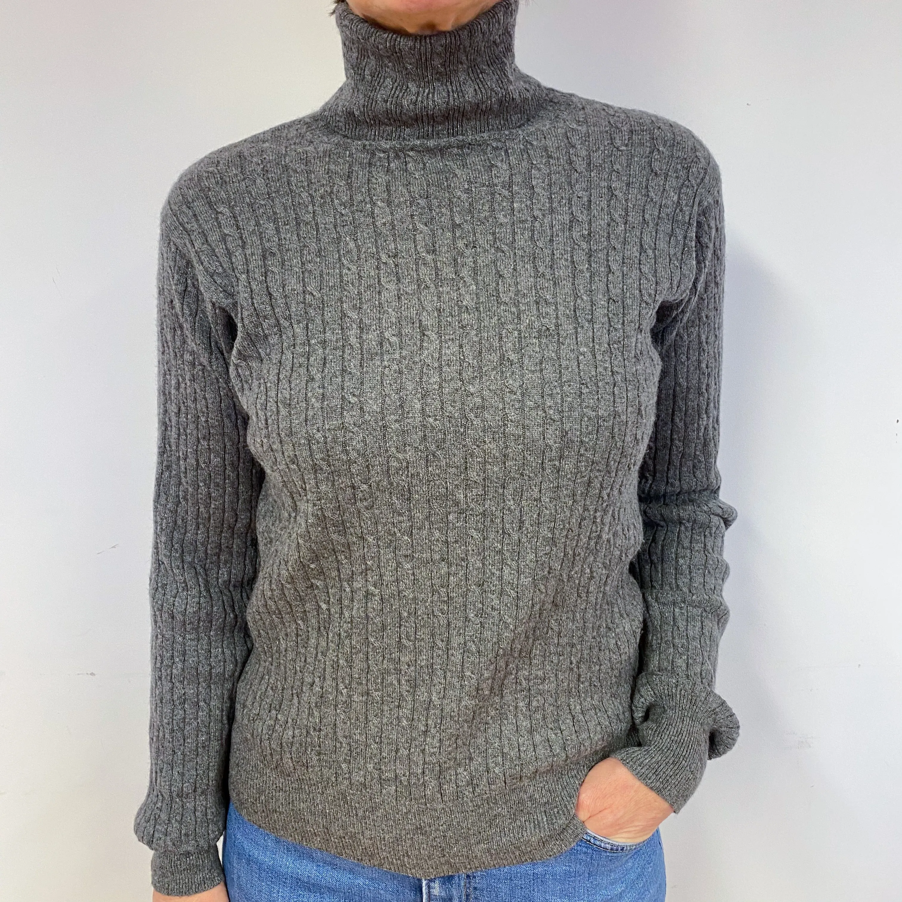 Slate Grey Cable Cashmere Polo Neck Jumper Medium