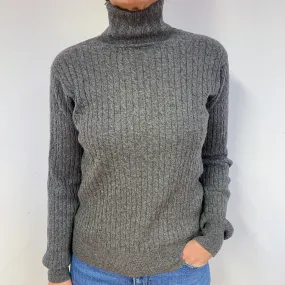 Slate Grey Cable Cashmere Polo Neck Jumper Medium