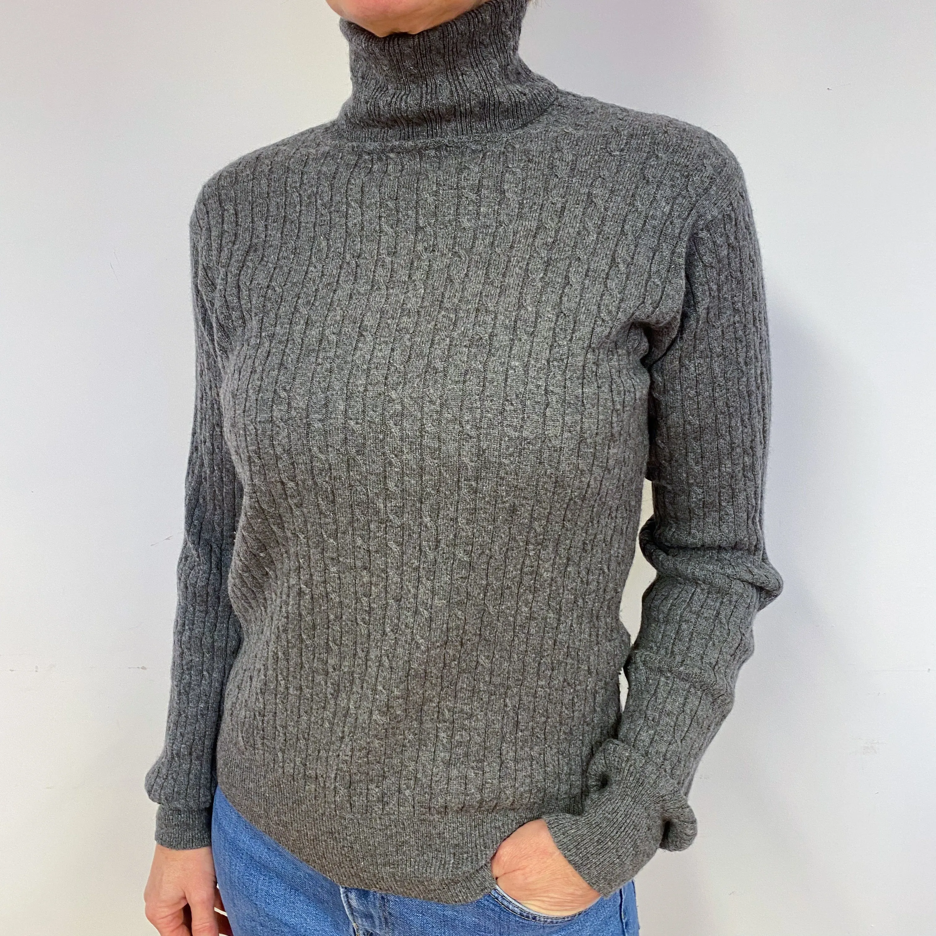 Slate Grey Cable Cashmere Polo Neck Jumper Medium