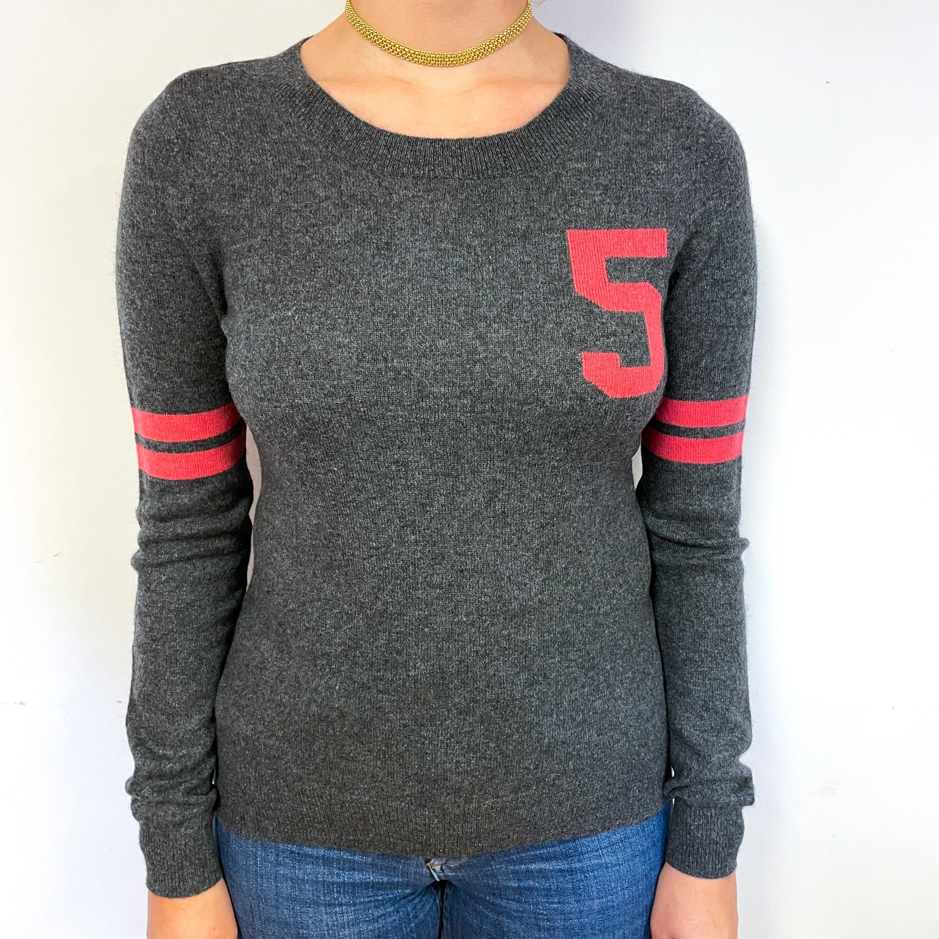Slate Grey Coral Detail Cashmere Crew Neck Jumper Small
