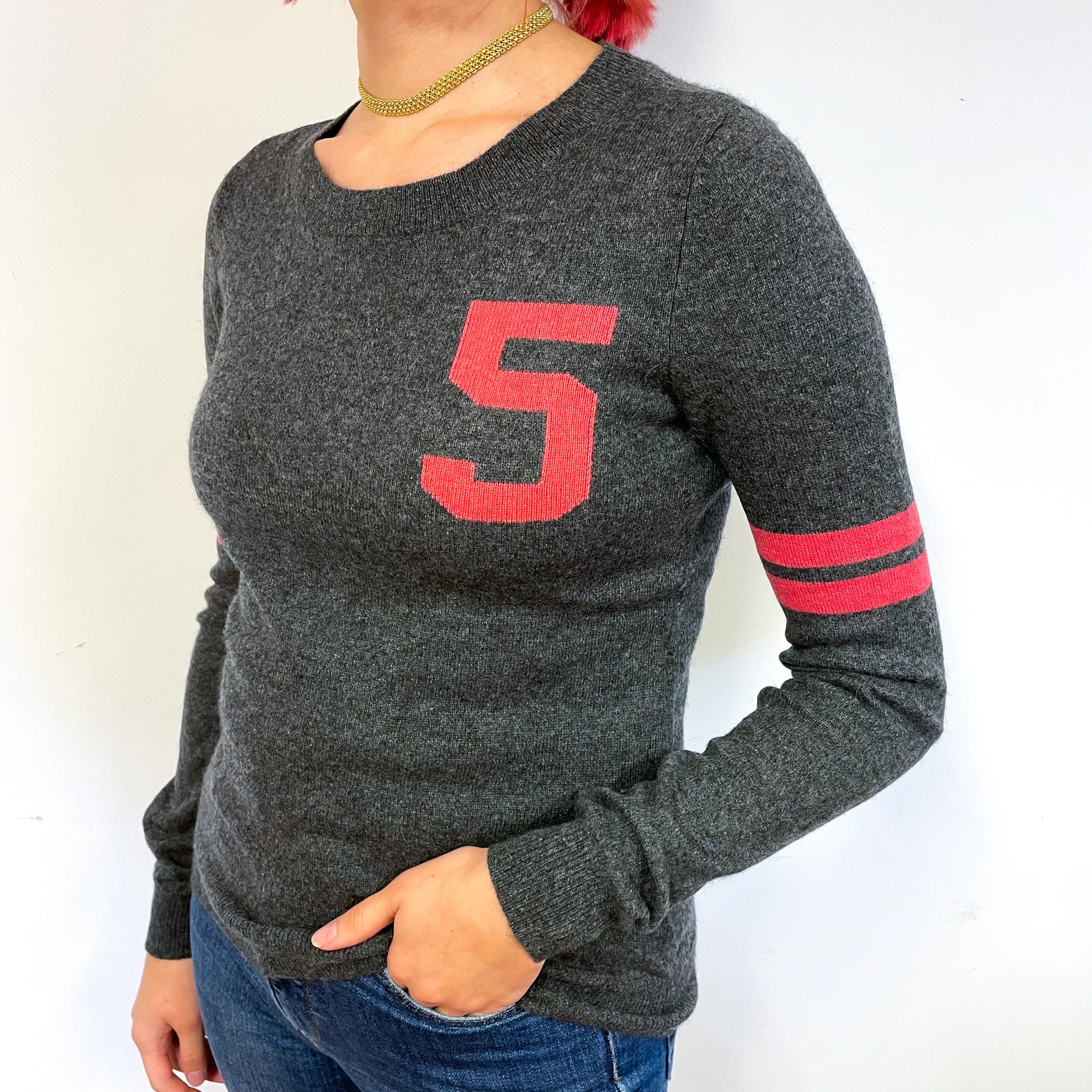 Slate Grey Coral Detail Cashmere Crew Neck Jumper Small