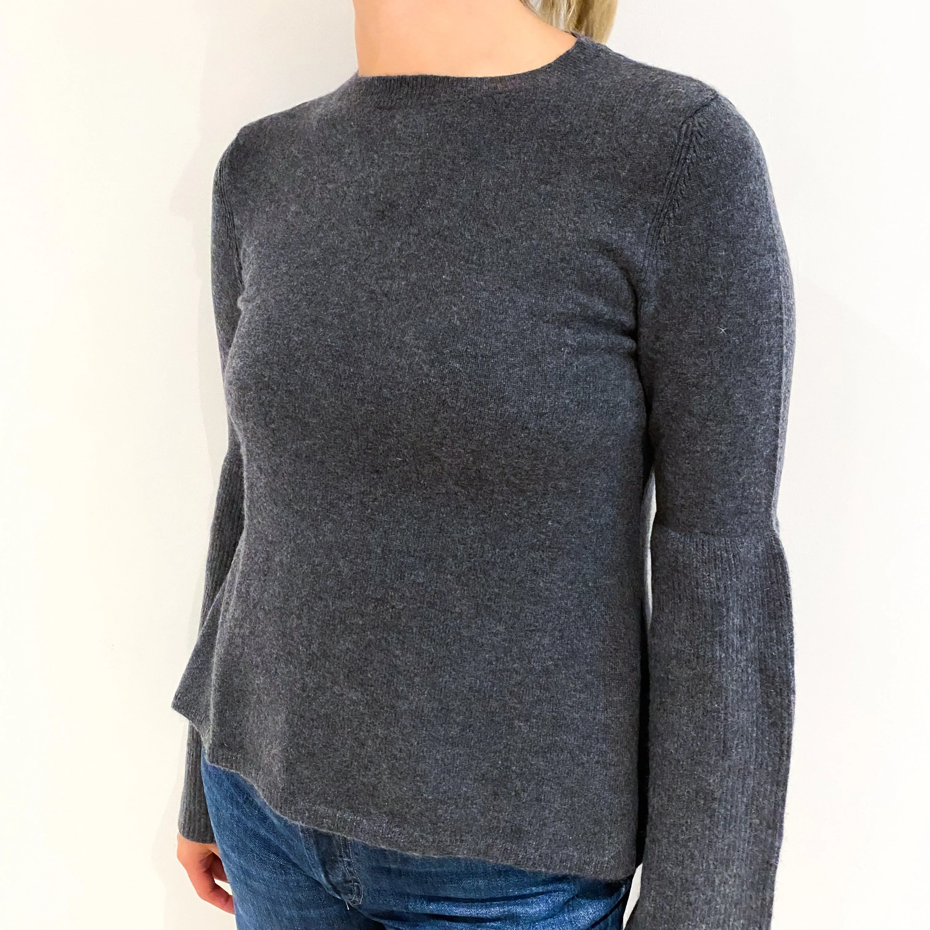 Slate Grey Funnel Sleeve Cashmere Crew Neck Jumper Small