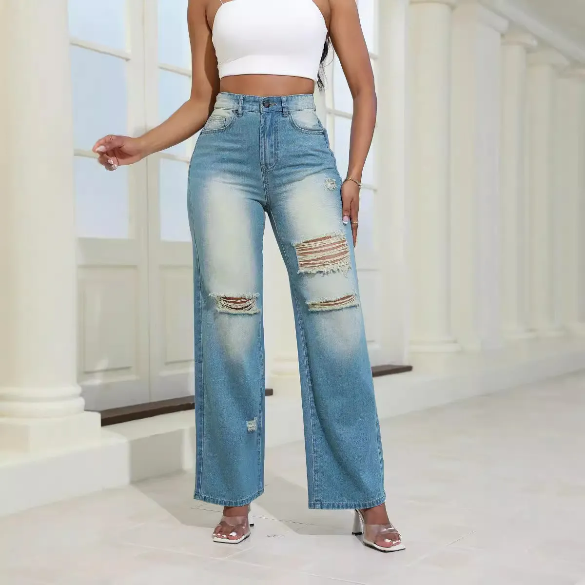 Slim Fit High Waist Ripped Jeans - GlamzLife