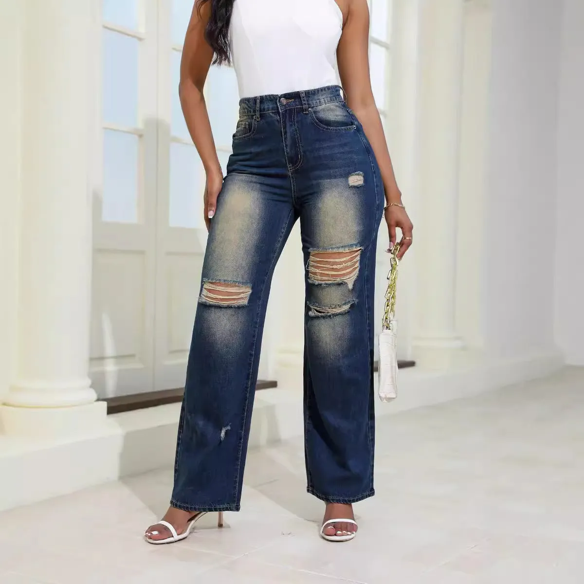 Slim Fit High Waist Ripped Jeans - GlamzLife