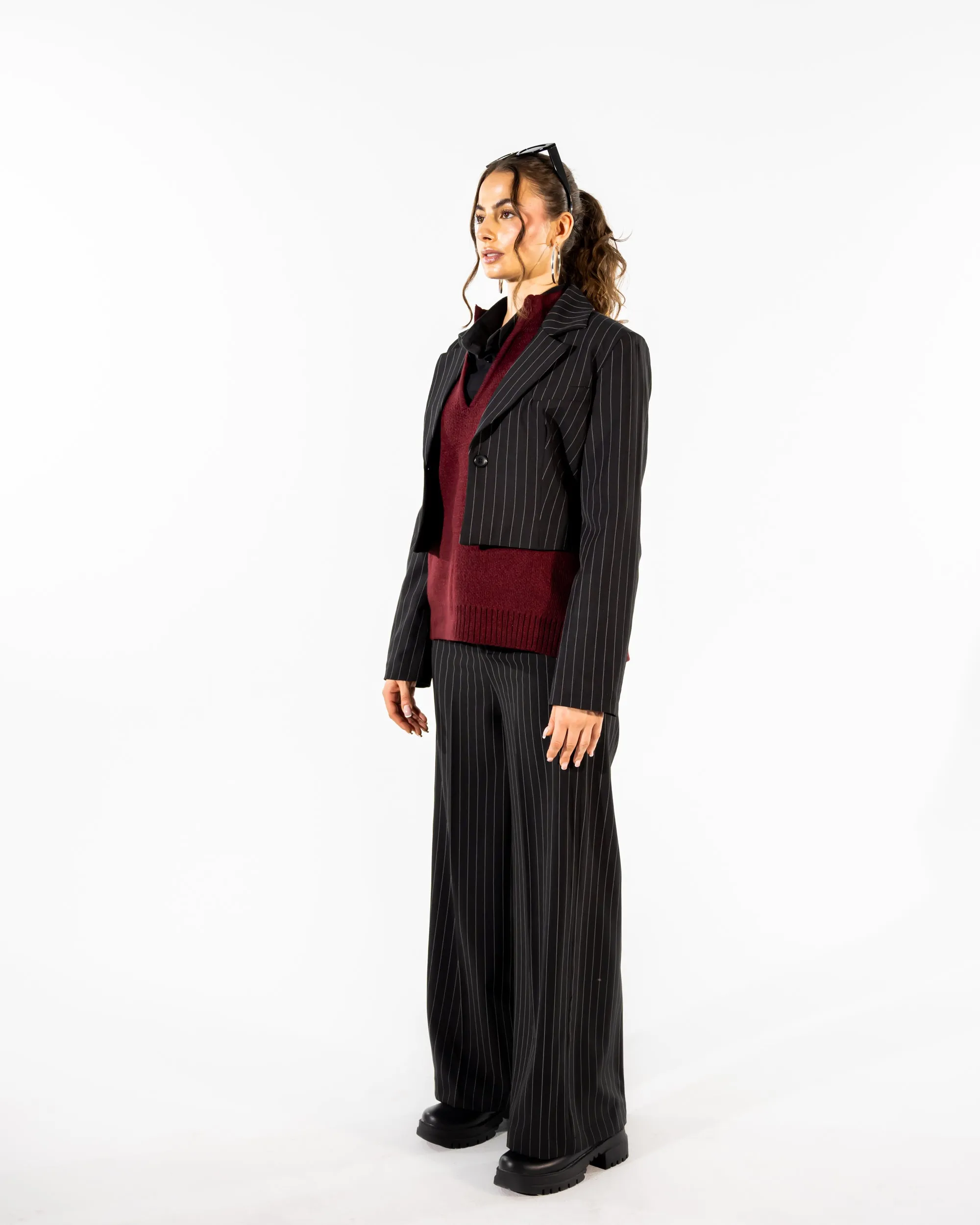 STRIPPED WIDE LEG PANT-BLACK
