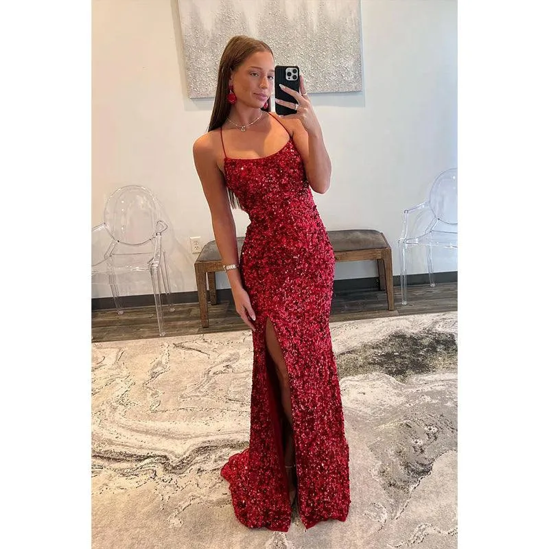 Trumpet/mermaid Cross Straps Sequins Burgundy Long Prom Dress