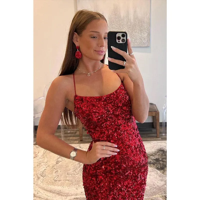 Trumpet/mermaid Cross Straps Sequins Burgundy Long Prom Dress