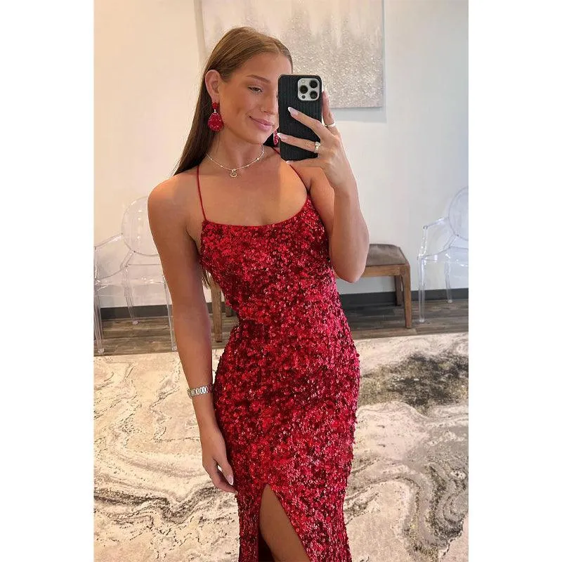 Trumpet/mermaid Cross Straps Sequins Burgundy Long Prom Dress