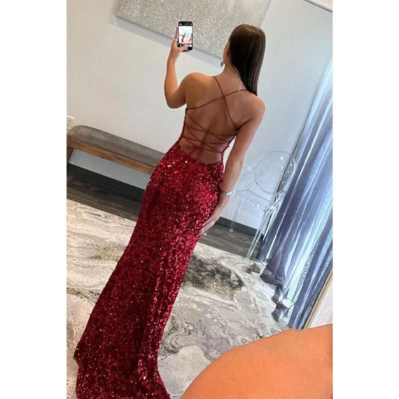 Trumpet/mermaid Cross Straps Sequins Burgundy Long Prom Dress