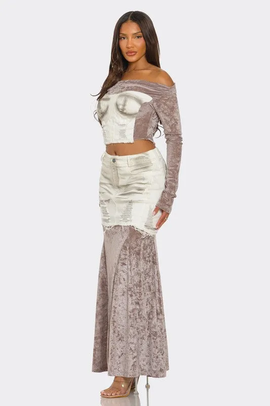 Velvet-Denim Fusion Skirt Set