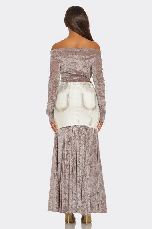 Velvet-Denim Fusion Skirt Set