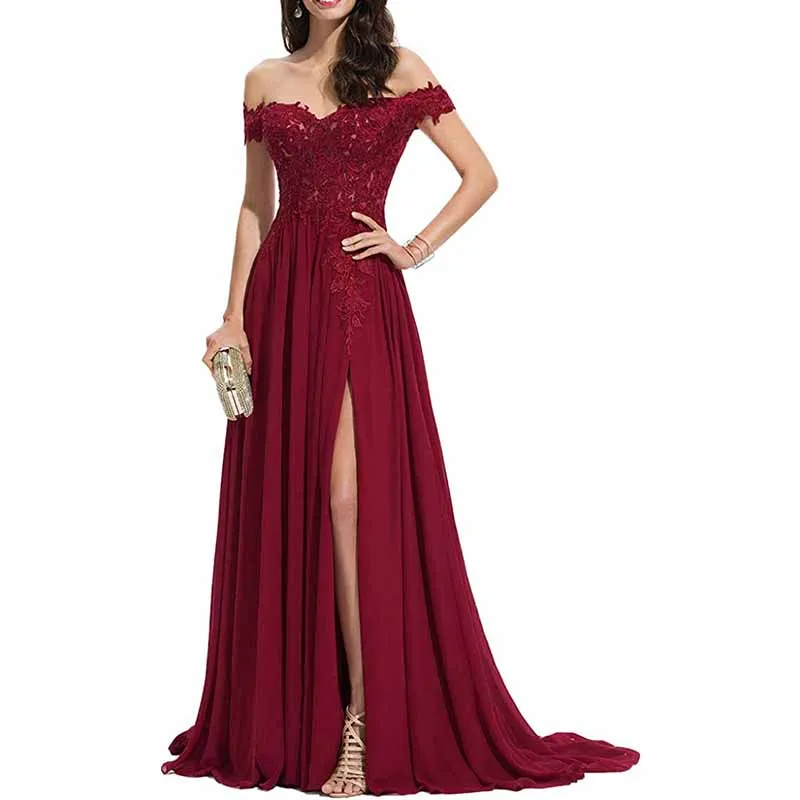 Women's Off The Shoulder Prom Dresses Slit Lace Appliqued Chiffon Formal Party Gowns