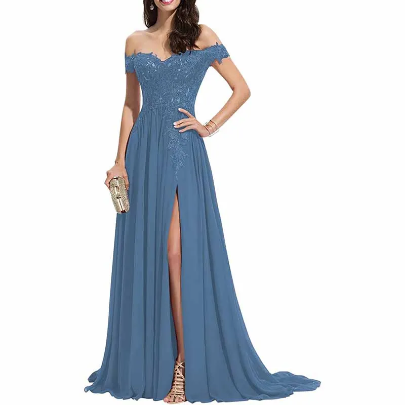 Women's Off The Shoulder Prom Dresses Slit Lace Appliqued Chiffon Formal Party Gowns