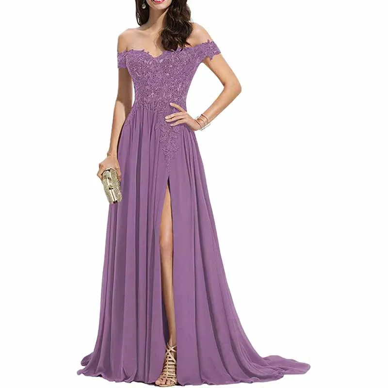 Women's Off The Shoulder Prom Dresses Slit Lace Appliqued Chiffon Formal Party Gowns