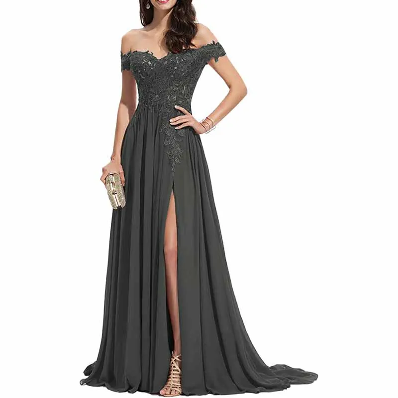 Women's Off The Shoulder Prom Dresses Slit Lace Appliqued Chiffon Formal Party Gowns