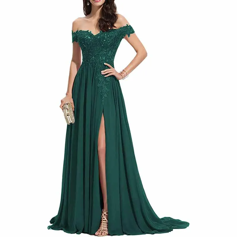 Women's Off The Shoulder Prom Dresses Slit Lace Appliqued Chiffon Formal Party Gowns