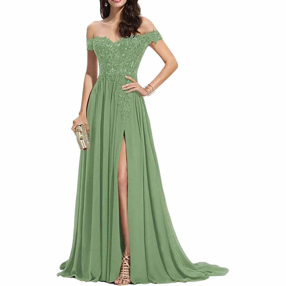 Women's Off The Shoulder Prom Dresses Slit Lace Appliqued Chiffon Formal Party Gowns
