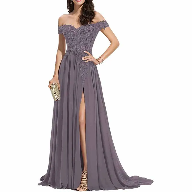 Women's Off The Shoulder Prom Dresses Slit Lace Appliqued Chiffon Formal Party Gowns