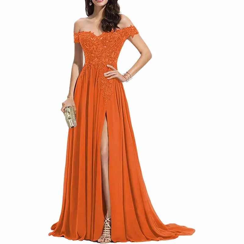 Women's Off The Shoulder Prom Dresses Slit Lace Appliqued Chiffon Formal Party Gowns