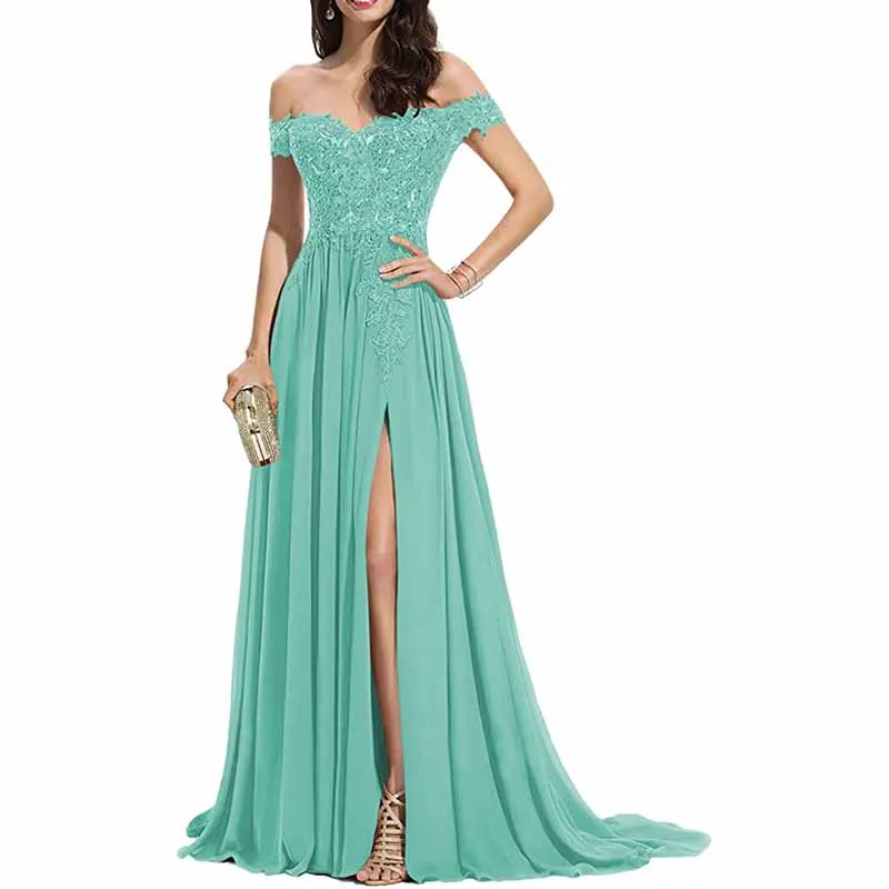 Women's Off The Shoulder Prom Dresses Slit Lace Appliqued Chiffon Formal Party Gowns
