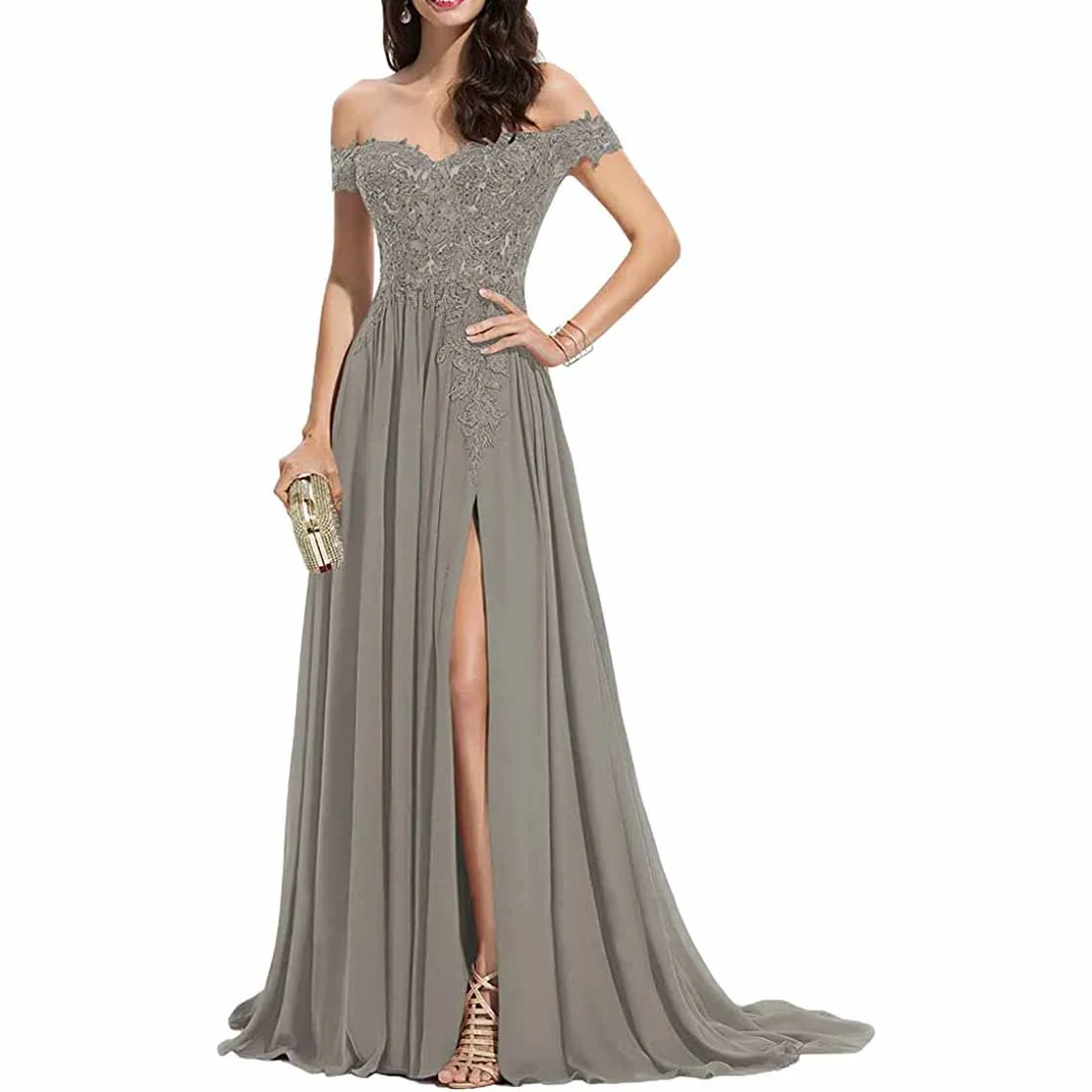 Women's Off The Shoulder Prom Dresses Slit Lace Appliqued Chiffon Formal Party Gowns