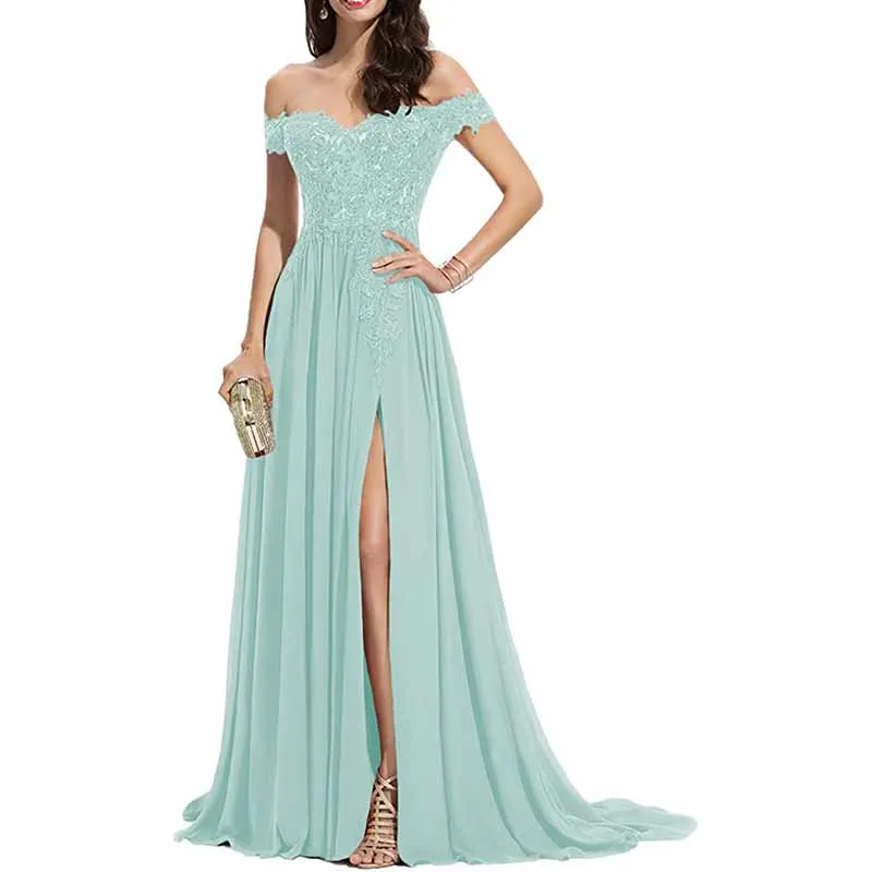Women's Off The Shoulder Prom Dresses Slit Lace Appliqued Chiffon Formal Party Gowns