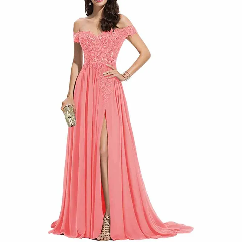 Women's Off The Shoulder Prom Dresses Slit Lace Appliqued Chiffon Formal Party Gowns