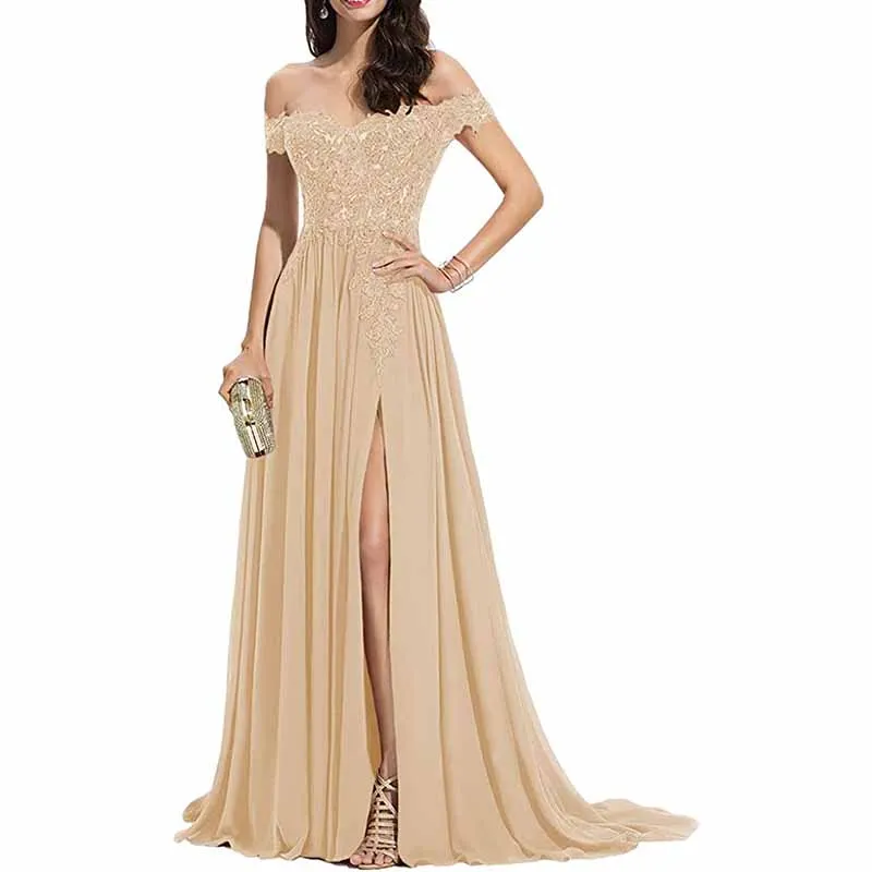 Women's Off The Shoulder Prom Dresses Slit Lace Appliqued Chiffon Formal Party Gowns