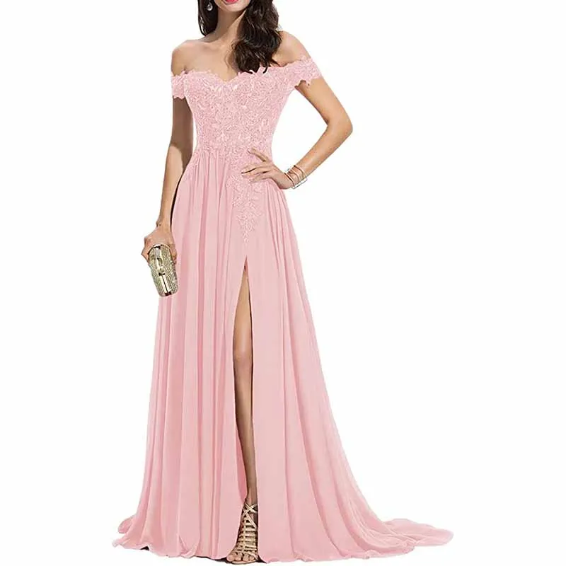 Women's Off The Shoulder Prom Dresses Slit Lace Appliqued Chiffon Formal Party Gowns