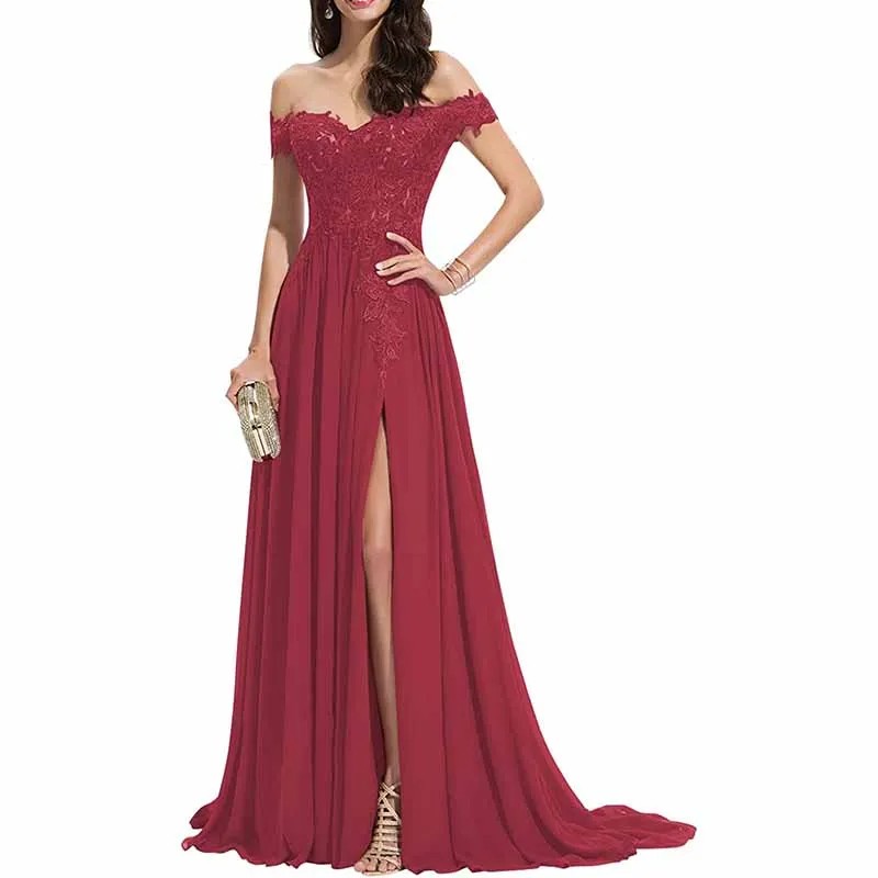 Women's Off The Shoulder Prom Dresses Slit Lace Appliqued Chiffon Formal Party Gowns