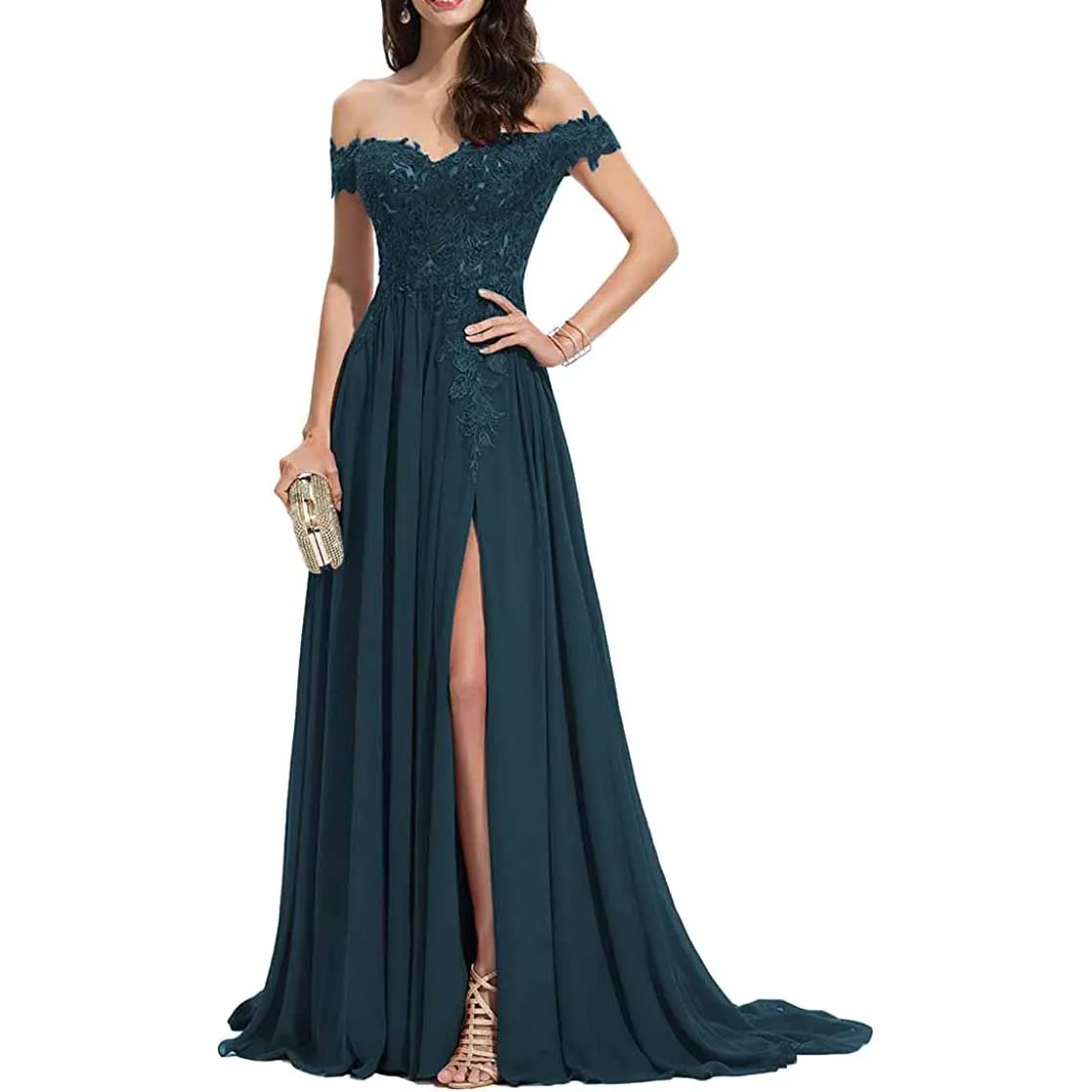 Women's Off The Shoulder Prom Dresses Slit Lace Appliqued Chiffon Formal Party Gowns