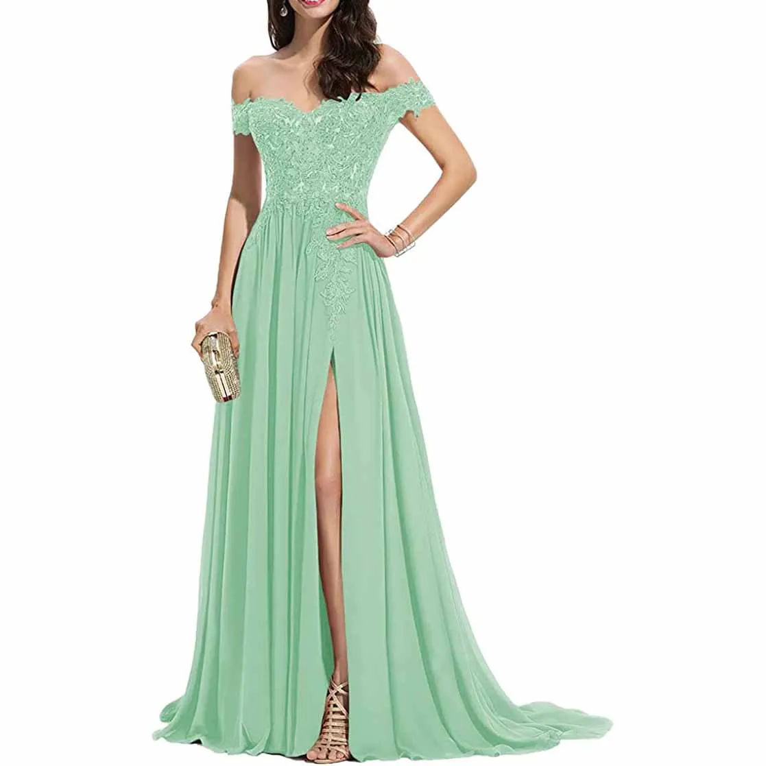 Women's Off The Shoulder Prom Dresses Slit Lace Appliqued Chiffon Formal Party Gowns