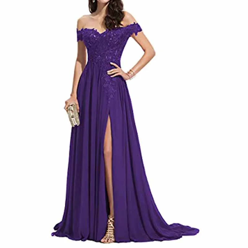 Women's Off The Shoulder Prom Dresses Slit Lace Appliqued Chiffon Formal Party Gowns