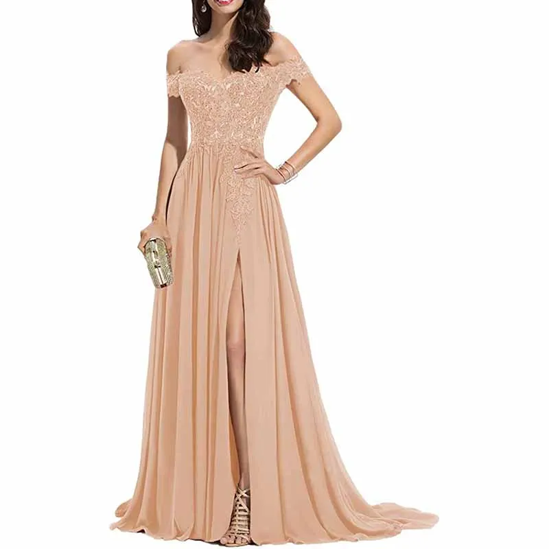 Women's Off The Shoulder Prom Dresses Slit Lace Appliqued Chiffon Formal Party Gowns