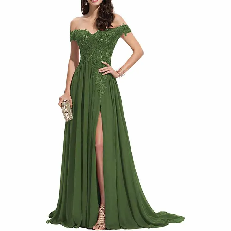 Women's Off The Shoulder Prom Dresses Slit Lace Appliqued Chiffon Formal Party Gowns