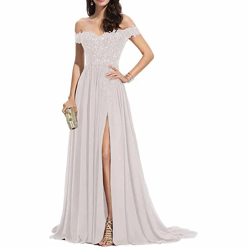Women's Off The Shoulder Prom Dresses Slit Lace Appliqued Chiffon Formal Party Gowns