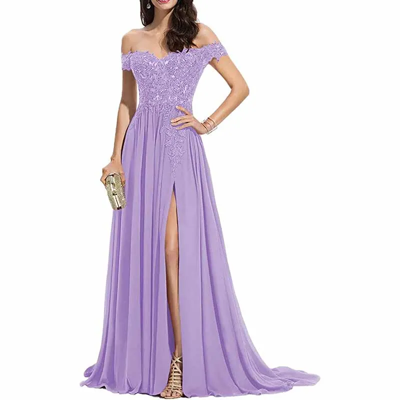 Women's Off The Shoulder Prom Dresses Slit Lace Appliqued Chiffon Formal Party Gowns