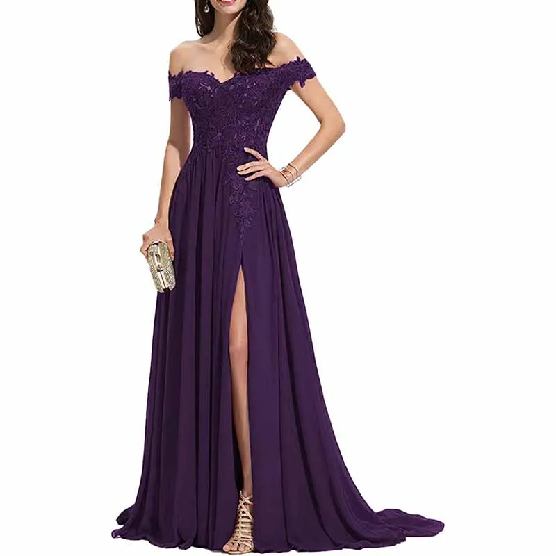 Women's Off The Shoulder Prom Dresses Slit Lace Appliqued Chiffon Formal Party Gowns