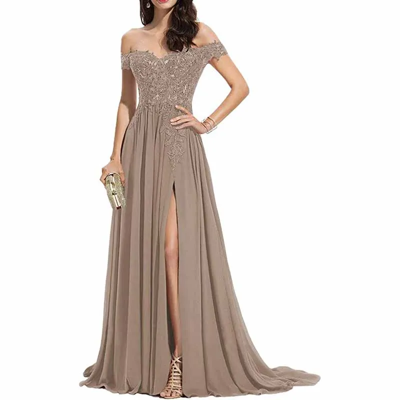 Women's Off The Shoulder Prom Dresses Slit Lace Appliqued Chiffon Formal Party Gowns