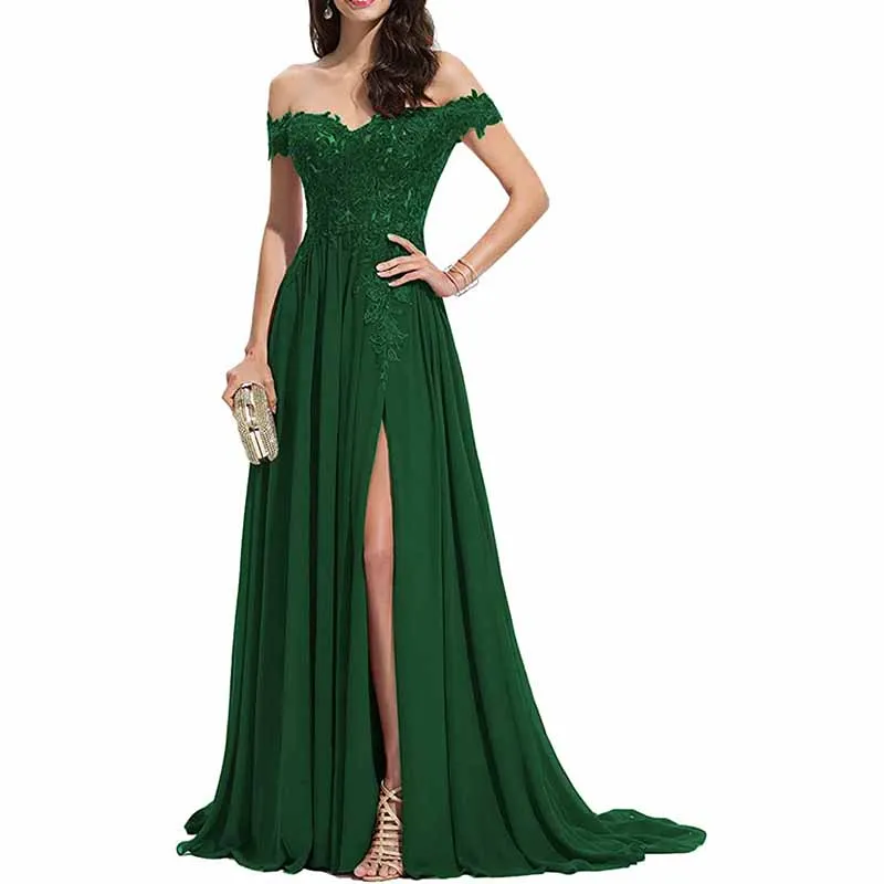 Women's Off The Shoulder Prom Dresses Slit Lace Appliqued Chiffon Formal Party Gowns