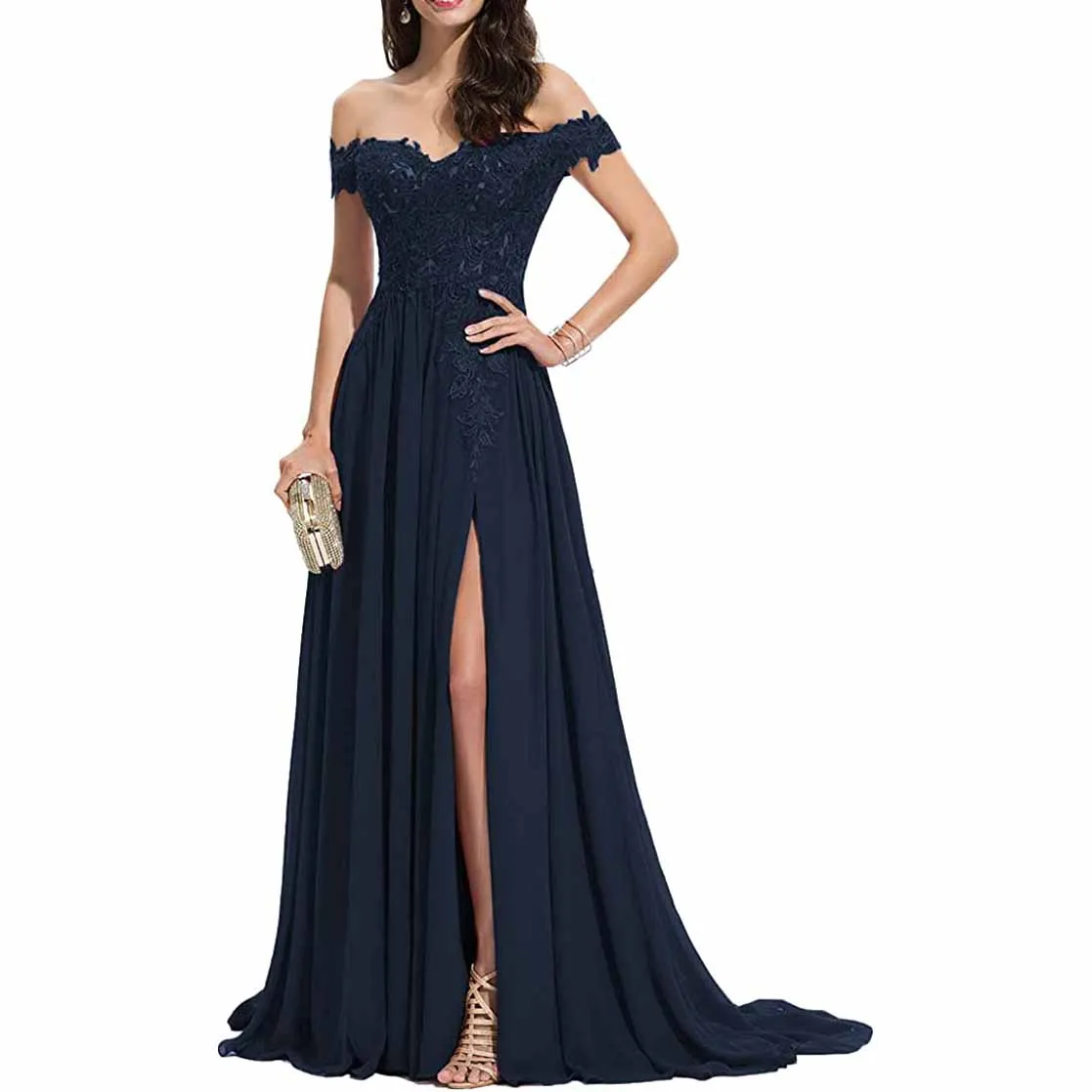 Women's Off The Shoulder Prom Dresses Slit Lace Appliqued Chiffon Formal Party Gowns