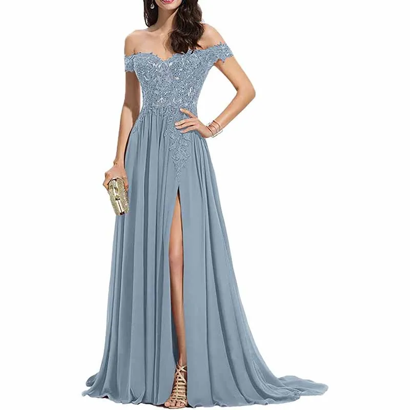 Women's Off The Shoulder Prom Dresses Slit Lace Appliqued Chiffon Formal Party Gowns
