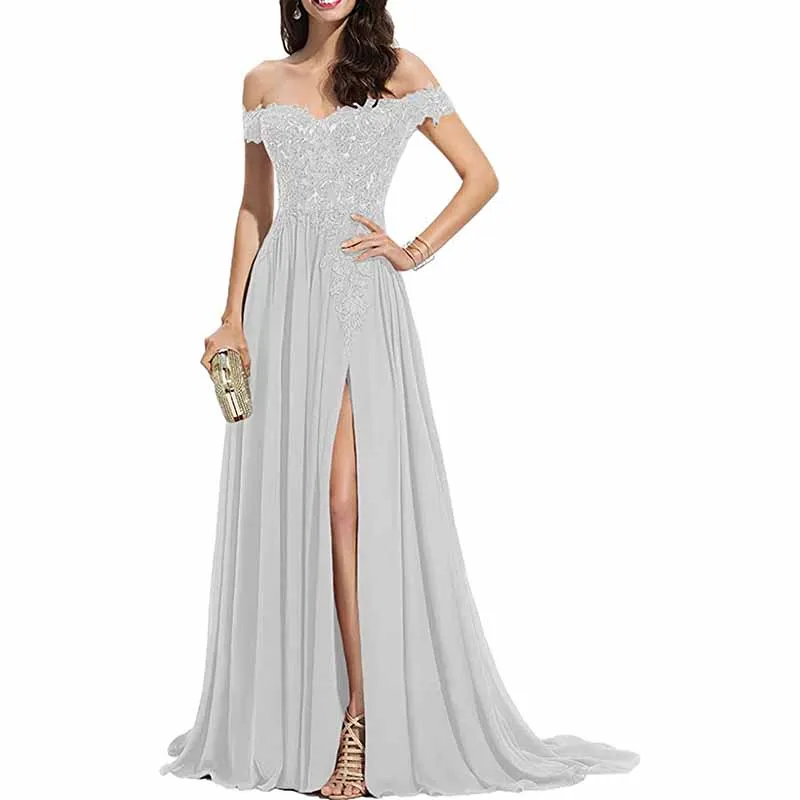 Women's Off The Shoulder Prom Dresses Slit Lace Appliqued Chiffon Formal Party Gowns