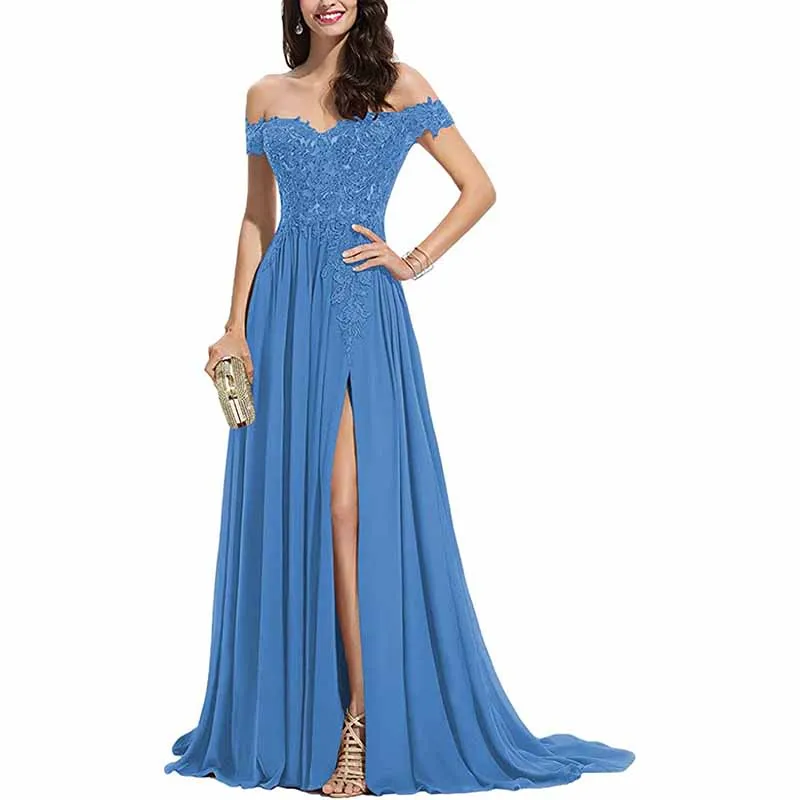 Women's Off The Shoulder Prom Dresses Slit Lace Appliqued Chiffon Formal Party Gowns