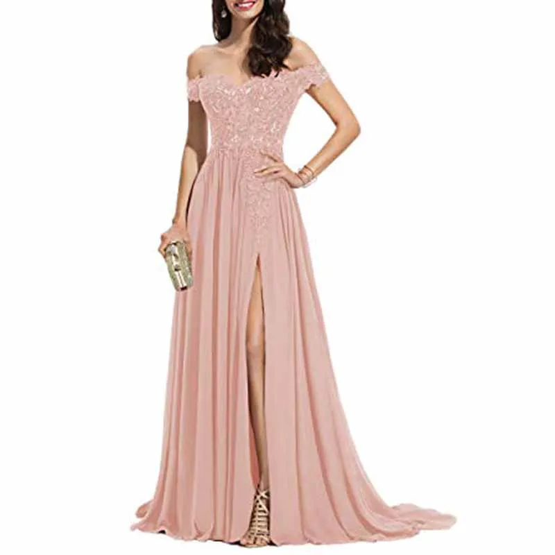 Women's Off The Shoulder Prom Dresses Slit Lace Appliqued Chiffon Formal Party Gowns